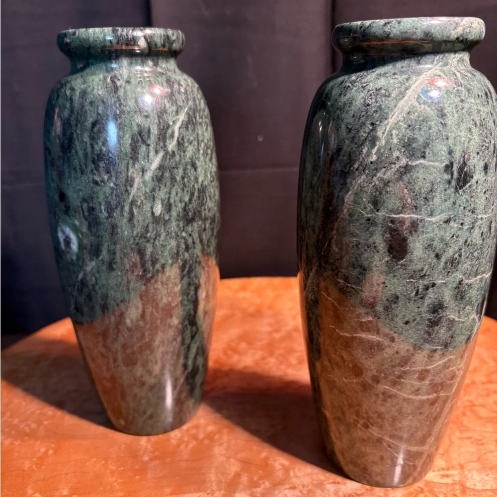 Pair vintage Taiwan green polished marble vases. 7 inches tall